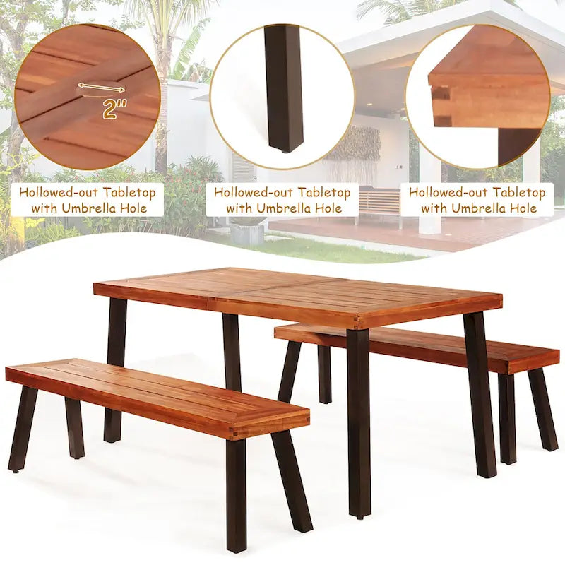 Ensemble table de pique-nique Costway 3 pièces, table et banc en bois d'acacia avec structure en acier