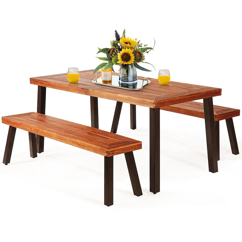 Ensemble table de pique-nique Costway 3 pièces, table et banc en bois d'acacia avec structure en acier