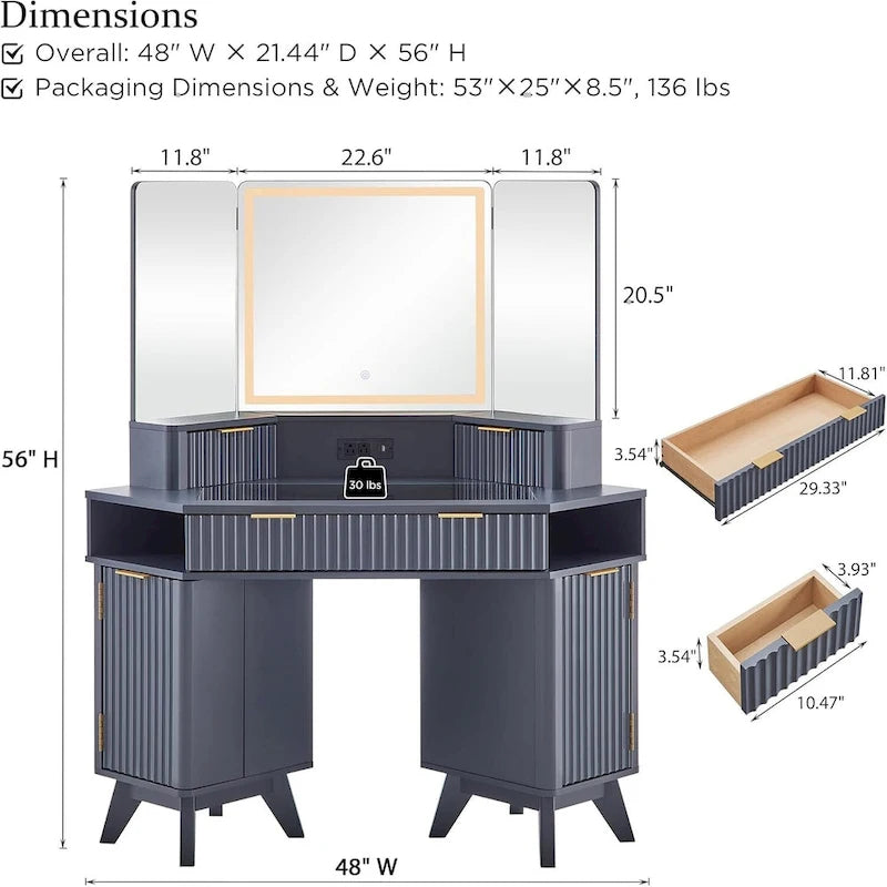 Coiffeuse moderne cannelée avec miroir à 3 faces et éclairage, table de maquillage