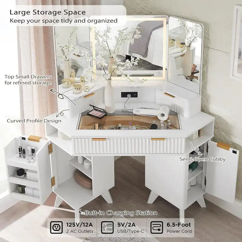 Coiffeuse moderne cannelée avec miroir à 3 faces et éclairage, table de maquillage