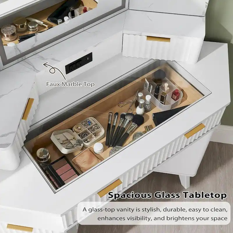 Coiffeuse moderne cannelée avec miroir à 3 faces et éclairage, table de maquillage