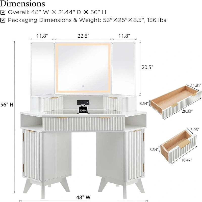 Coiffeuse moderne cannelée avec miroir à 3 faces et éclairage, table de maquillage