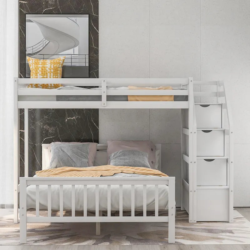 Twin Over Full Wood Loft Bed with Staircase,High Guardrails and Ladder