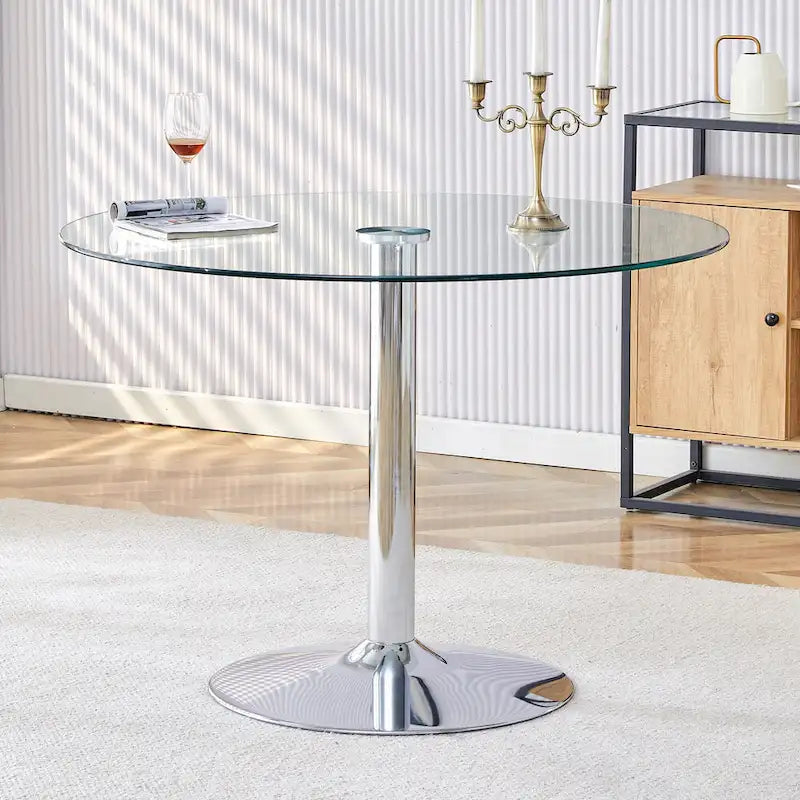 Table de salle à manger ronde moderne avec plateau en verre élégant et pieds en métal robustes pour différents espaces
