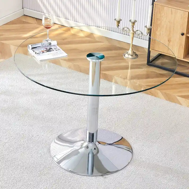 Table de salle à manger ronde moderne avec plateau en verre élégant et pieds en métal robustes pour différents espaces