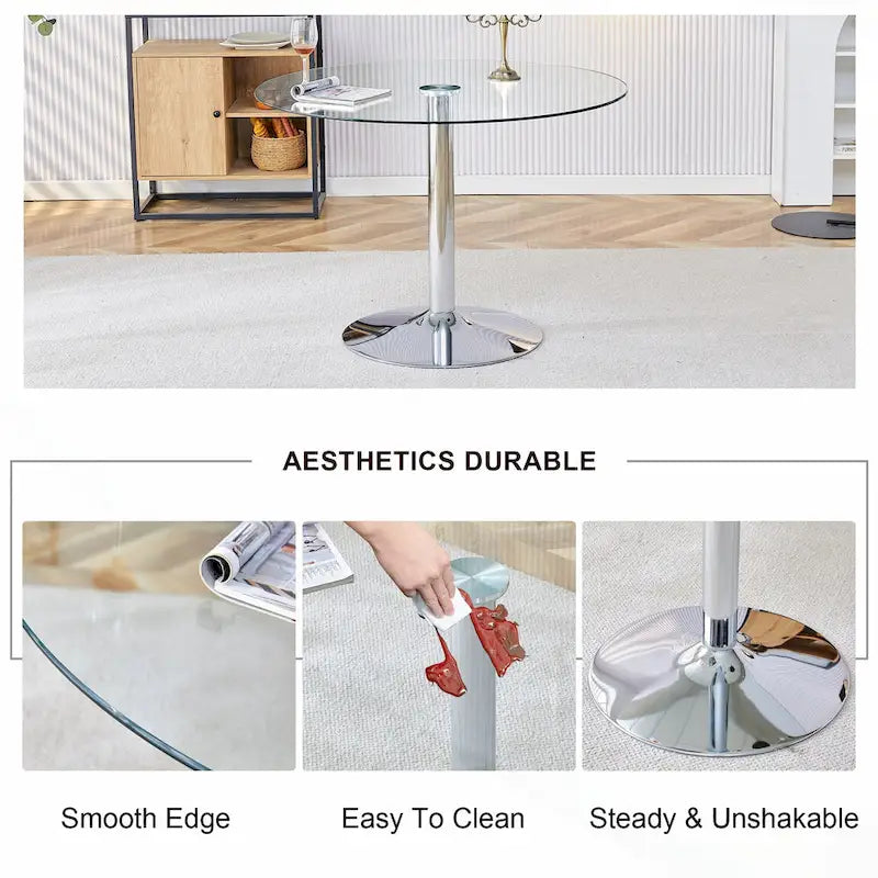 Table de salle à manger ronde moderne avec plateau en verre élégant et pieds en métal robustes pour différents espaces