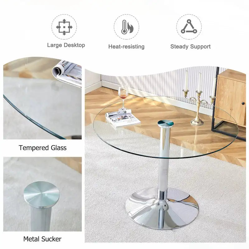 Table de salle à manger ronde moderne avec plateau en verre élégant et pieds en métal robustes pour différents espaces