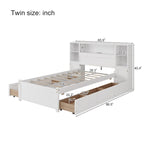 Lit coffre en bois avec tête de lit bibliothèque à oreilles, 6 tiroirs et station de recharge, sommier non requis