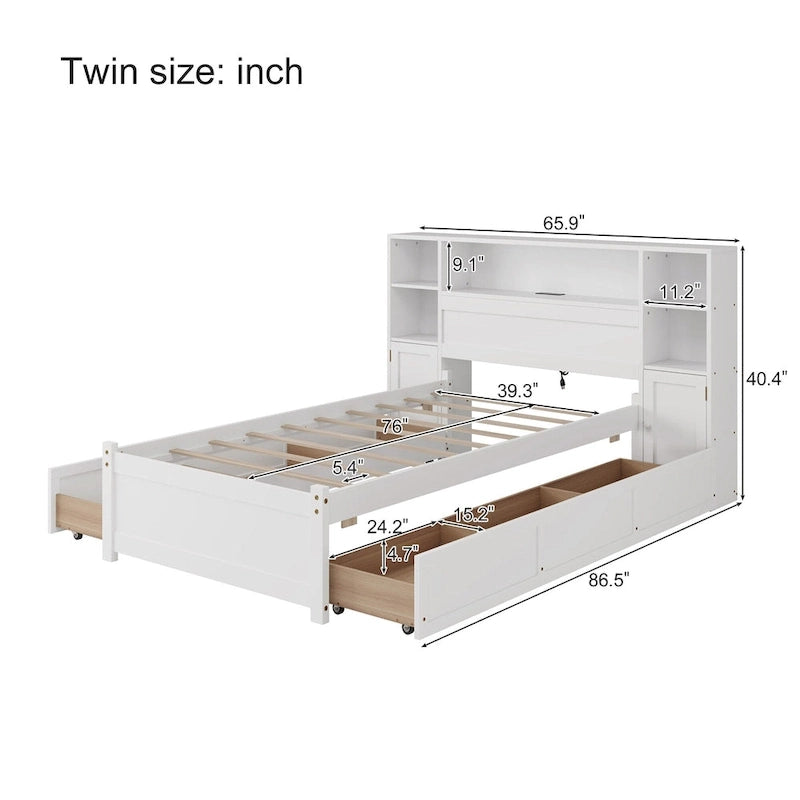 Lit coffre en bois avec tête de lit bibliothèque à oreilles, 6 tiroirs et station de recharge, sommier non requis