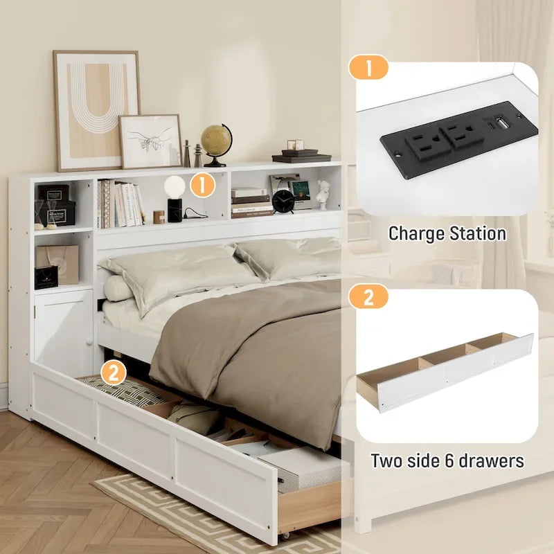 Lit coffre en bois avec tête de lit bibliothèque à oreilles, 6 tiroirs et station de recharge, sommier non requis