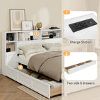 Lit coffre en bois avec tête de lit bibliothèque à oreilles, 6 tiroirs et station de recharge, sommier non requis