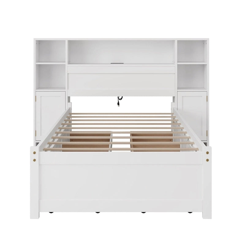 Lit coffre en bois avec tête de lit bibliothèque à oreilles, 6 tiroirs et station de recharge, sommier non requis