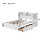 Lit coffre en bois avec tête de lit bibliothèque à oreilles, 6 tiroirs et station de recharge, sommier non requis