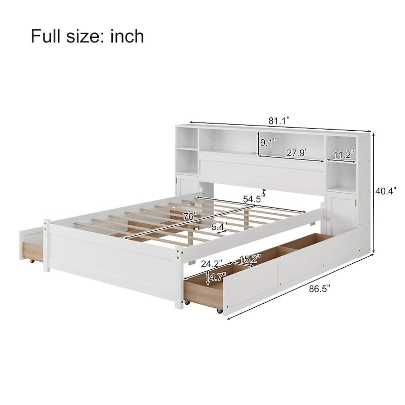 Lit coffre en bois avec tête de lit bibliothèque à oreilles, 6 tiroirs et station de recharge, sommier non requis