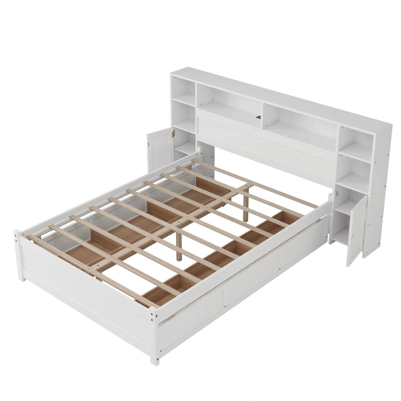 Lit coffre en bois avec tête de lit bibliothèque à oreilles, 6 tiroirs et station de recharge, sommier non requis