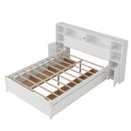 Lit coffre en bois avec tête de lit bibliothèque à oreilles, 6 tiroirs et station de recharge, sommier non requis