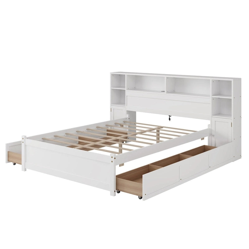 Lit coffre en bois avec tête de lit bibliothèque à oreilles, 6 tiroirs et station de recharge, sommier non requis