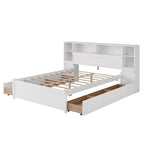 Lit coffre en bois avec tête de lit bibliothèque à oreilles, 6 tiroirs et station de recharge, sommier non requis