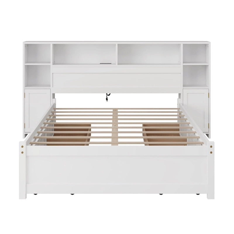 Lit coffre en bois avec tête de lit bibliothèque à oreilles, 6 tiroirs et station de recharge, sommier non requis