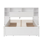 Lit coffre en bois avec tête de lit bibliothèque à oreilles, 6 tiroirs et station de recharge, sommier non requis