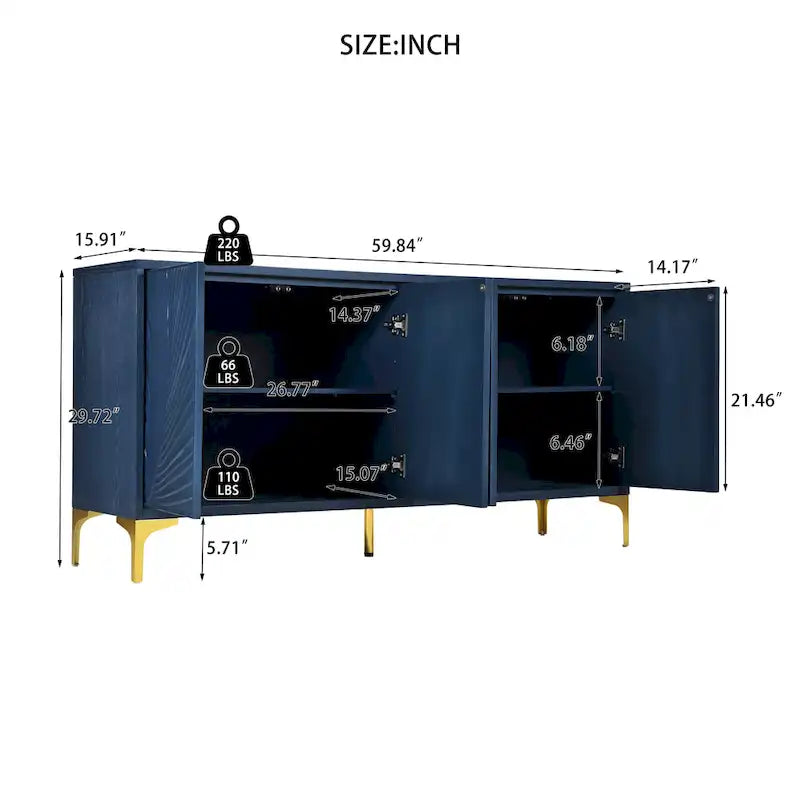 Buffet à 4 portes avec texture unique et étagères réglables