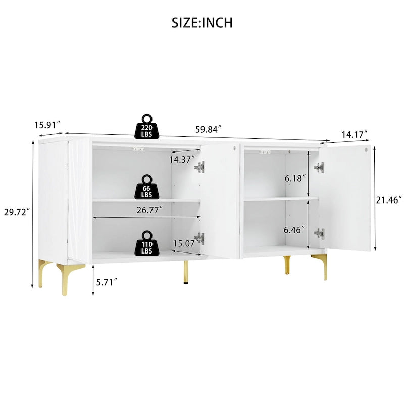 Buffet à 4 portes avec texture unique et étagères réglables