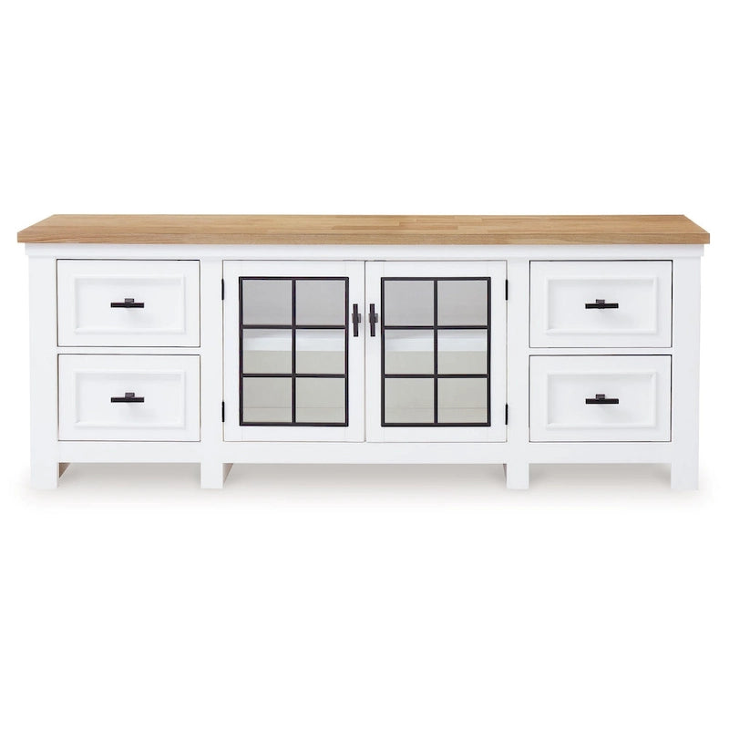 Meuble TV Bryn, 4 tiroirs, 2 portes, bois dur blanc, 188 cm (74 pouces)