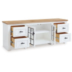 Meuble TV Bryn, 4 tiroirs, 2 portes, bois dur blanc, 188 cm (74 pouces)