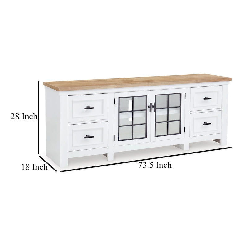 Meuble TV Bryn, 4 tiroirs, 2 portes, bois dur blanc, 188 cm (74 pouces)