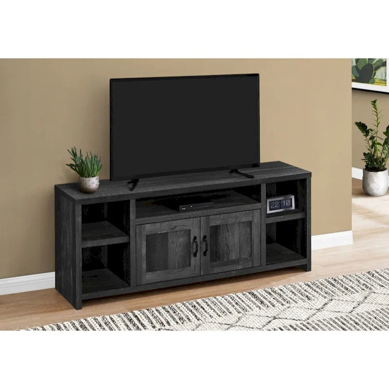 Meuble TV moderne en bois recyclé noir pour téléviseurs de 55 pouces avec placards et étagères - Dimensions : 60,3 cm (H) x 150 cm (L) x 39,4 cm (P)