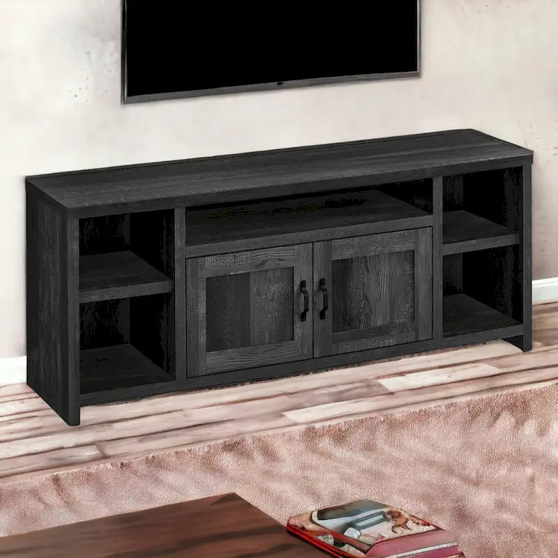 Meuble TV moderne en bois recyclé noir pour téléviseurs de 55 pouces avec placards et étagères - Dimensions : 60,3 cm (H) x 150 cm (L) x 39,4 cm (P)