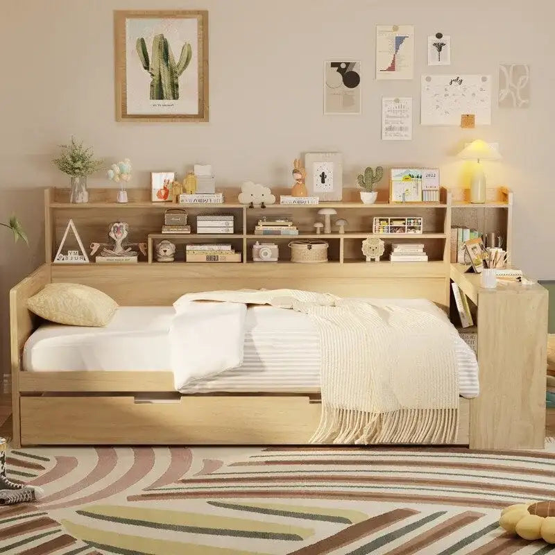 Lit de jour multifonctionnel pour lit simple/double avec étagères de rangement et bureau, cadre de lit plateforme en bois avec lit gigogne simple