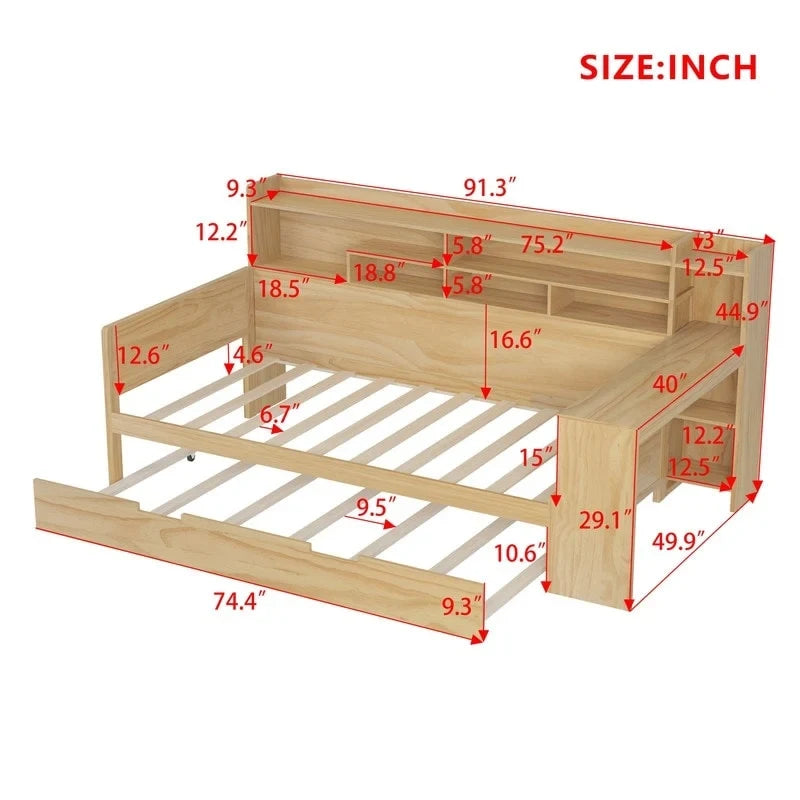 Lit de jour multifonctionnel pour lit simple/double avec étagères de rangement et bureau, cadre de lit plateforme en bois avec lit gigogne simple