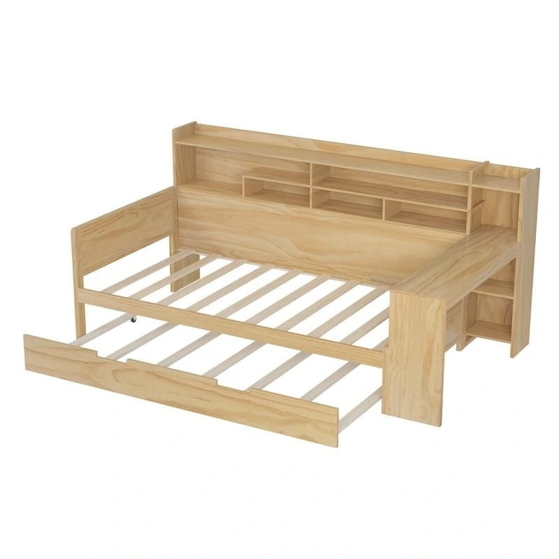 Lit de jour multifonctionnel pour lit simple/double avec étagères de rangement et bureau, cadre de lit plateforme en bois avec lit gigogne simple