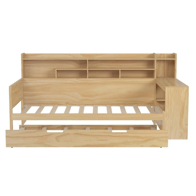 Lit de jour multifonctionnel pour lit simple/double avec étagères de rangement et bureau, cadre de lit plateforme en bois avec lit gigogne simple