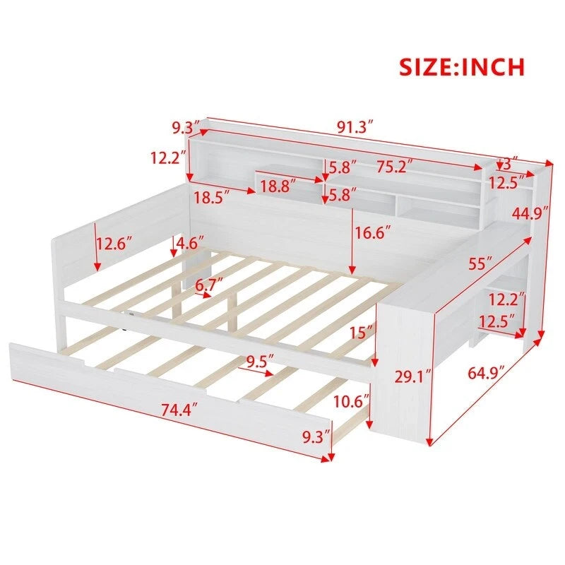 Lit de jour multifonctionnel pour lit simple/double avec étagères de rangement et bureau, cadre de lit plateforme en bois avec lit gigogne simple