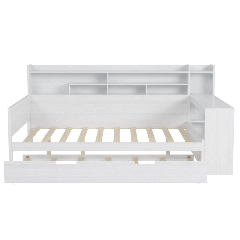 Lit de jour multifonctionnel pour lit simple/double avec étagères de rangement et bureau, cadre de lit plateforme en bois avec lit gigogne simple