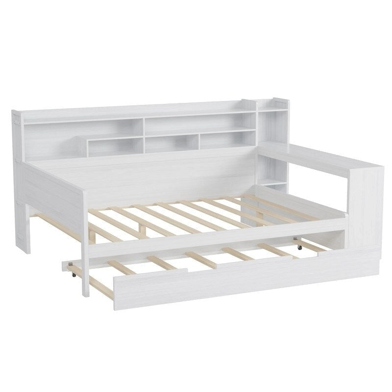 Lit de jour multifonctionnel pour lit simple/double avec étagères de rangement et bureau, cadre de lit plateforme en bois avec lit gigogne simple