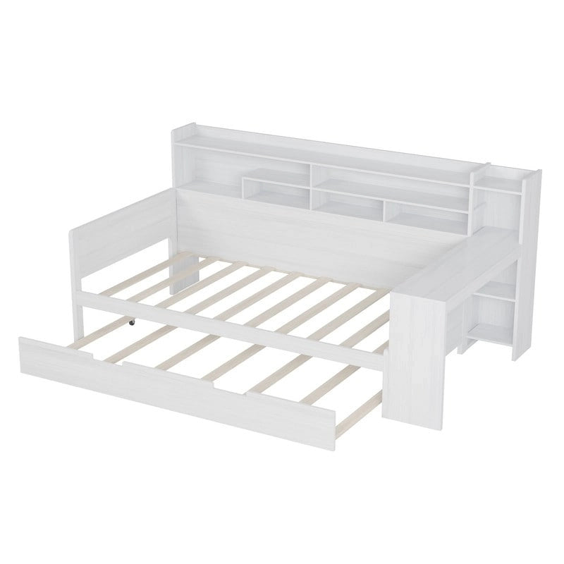 Lit de jour multifonctionnel pour lit simple/double avec étagères de rangement et bureau, cadre de lit plateforme en bois avec lit gigogne simple