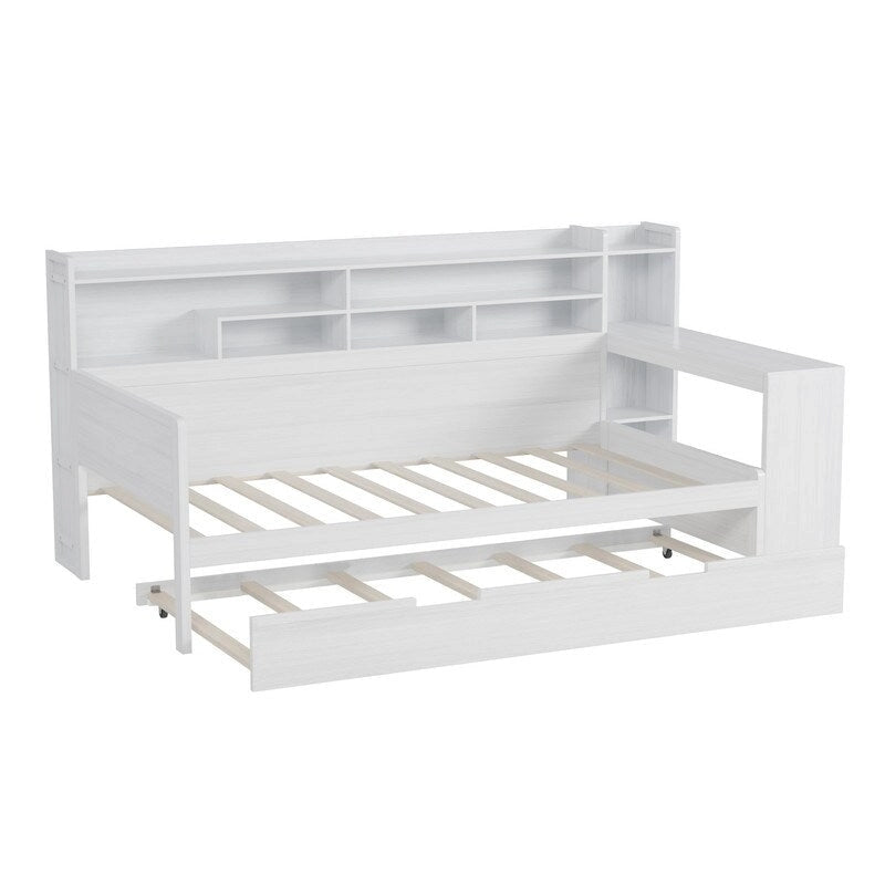 Lit de jour multifonctionnel pour lit simple/double avec étagères de rangement et bureau, cadre de lit plateforme en bois avec lit gigogne simple