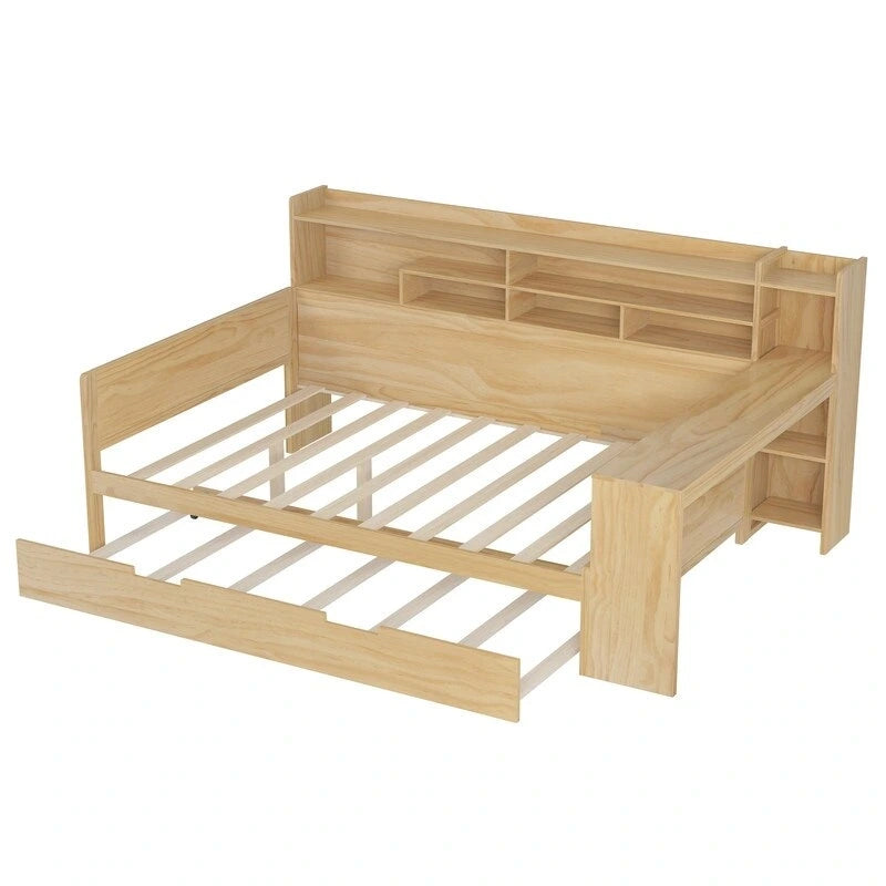 Lit de jour multifonctionnel pour lit simple/double avec étagères de rangement et bureau, cadre de lit plateforme en bois avec lit gigogne simple