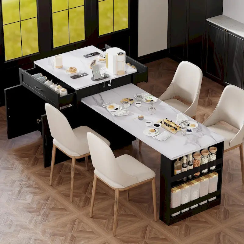 Îlot de cuisine en faux marbre avec table à manger extensible, prise électrique, rangements : 2 tiroirs et 2 étagères latérales ouvertes.