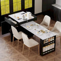 Îlot de cuisine en faux marbre avec table à manger extensible, prise électrique, rangements : 2 tiroirs et 2 étagères latérales ouvertes.