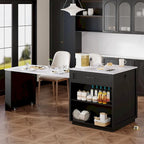Îlot de cuisine en faux marbre avec table à manger extensible, prise électrique, rangements : 2 tiroirs et 2 étagères latérales ouvertes.