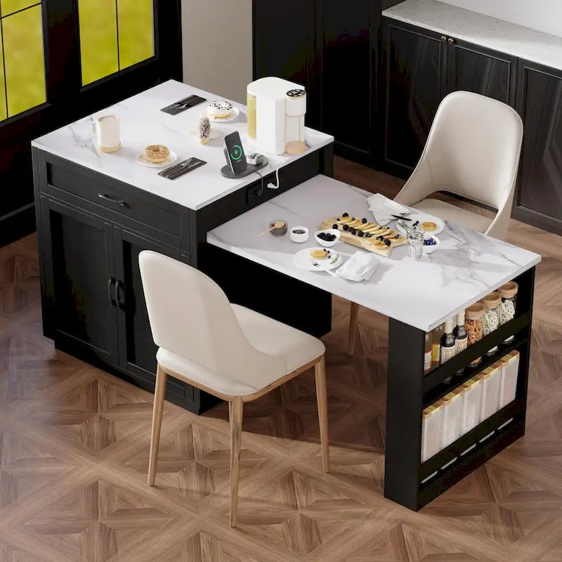 Îlot de cuisine en faux marbre avec table à manger extensible, prise électrique, rangements : 2 tiroirs et 2 étagères latérales ouvertes.