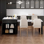 Îlot de cuisine en faux marbre avec table à manger extensible, prise électrique, rangements : 2 tiroirs et 2 étagères latérales ouvertes.