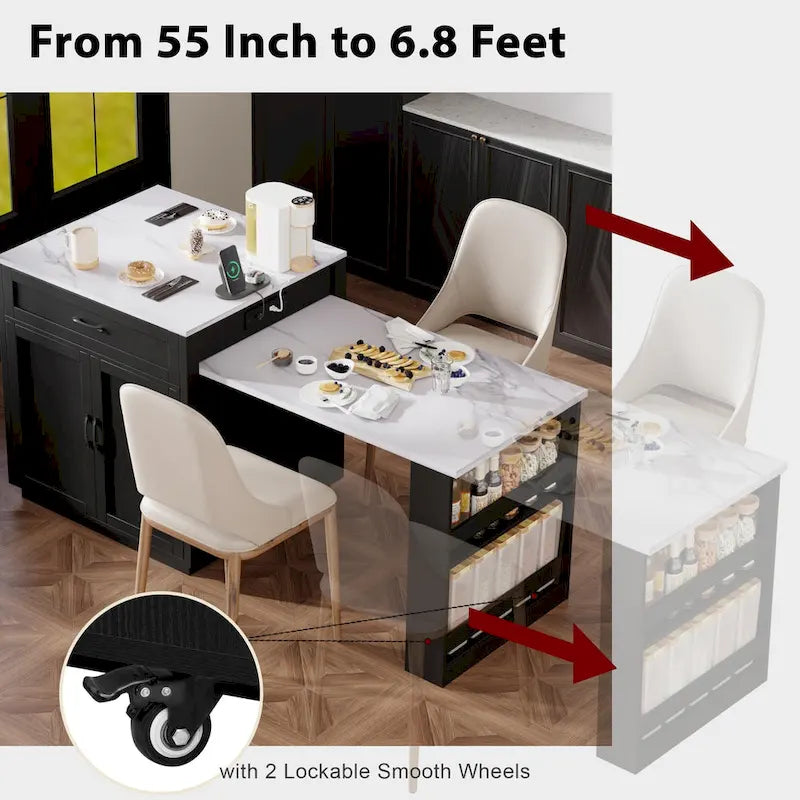 Îlot de cuisine en faux marbre avec table à manger extensible, prise électrique, rangements : 2 tiroirs et 2 étagères latérales ouvertes.