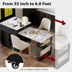Îlot de cuisine en faux marbre avec table à manger extensible, prise électrique, rangements : 2 tiroirs et 2 étagères latérales ouvertes.