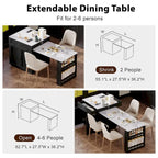 Îlot de cuisine en faux marbre avec table à manger extensible, prise électrique, rangements : 2 tiroirs et 2 étagères latérales ouvertes.