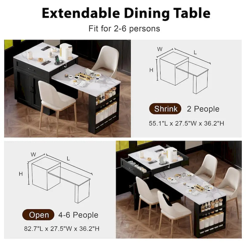 Îlot de cuisine en faux marbre avec table à manger extensible, prise électrique, rangements : 2 tiroirs et 2 étagères latérales ouvertes.